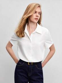 BizChic Women's Loose Solid Color Button Front Shirt, White Button Blouse, Casual Short Sleeve Top