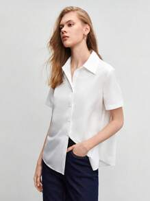 BizChic Women's Loose Solid Color Button Front Shirt, White Button Blouse, Casual Short Sleeve Top