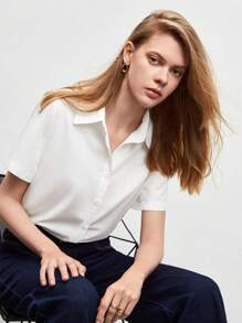 BizChic Women's Loose Solid Color Button Front Shirt, White Button Blouse, Casual Short Sleeve Top