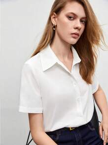 BizChic Women's Loose Solid Color Button Front Shirt, White Button Blouse, Casual Short Sleeve Top