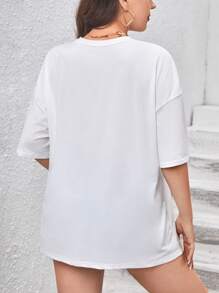 SHEIN EZwear Plus Slogan Graphic Drop Shoulder Tee - White - View 2