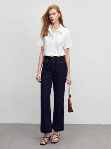 BizChic Women's Loose Solid Color Button Front Shirt, White Button Blouse, Casual Short Sleeve Top