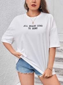 SHEIN EZwear Plus Slogan Graphic Drop Shoulder Tee - White - View 3