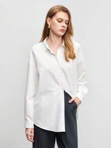BizChic Solid Drop Shoulder Button Front Shirt Workwear - White - View 3