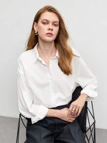BizChic Solid Drop Shoulder Button Front Shirt Workwear - White - View 9