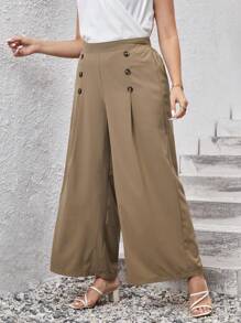 SHEIN Privé 大碼紐扣細節闊腿褲 - 駝色 - 查看 2