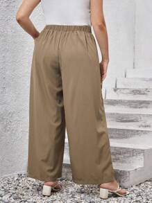 SHEIN Privé 大碼紐扣細節闊腿褲 - 駝色 - 查看 3