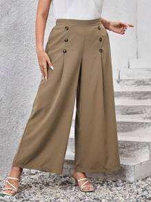 SHEIN Privé 大碼紐扣細節闊腿褲 - 駝色 - 查看 1