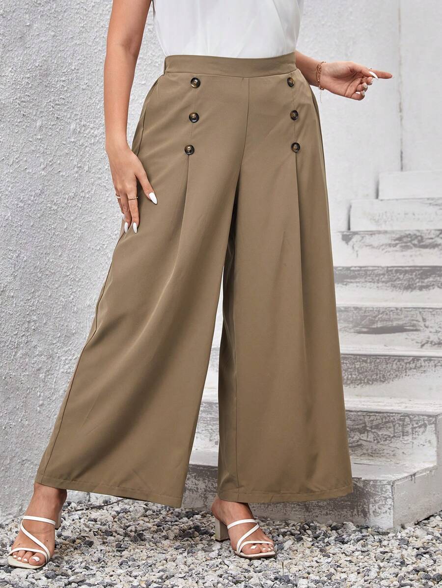 SHEIN Privé 大碼紐扣細節闊腿褲 - 駝色 - 查看 1