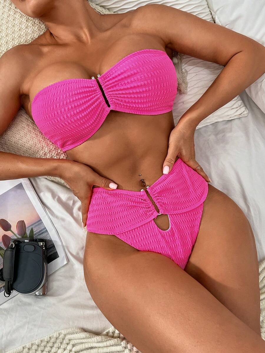 SHEIN Plain Ring Linked Bandeau Bikini Set - Hot Pink - View 1