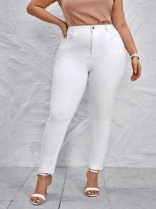 SHEIN Frenchy 大碼高腰緊身牛仔褲 - 白色 - 查看 1