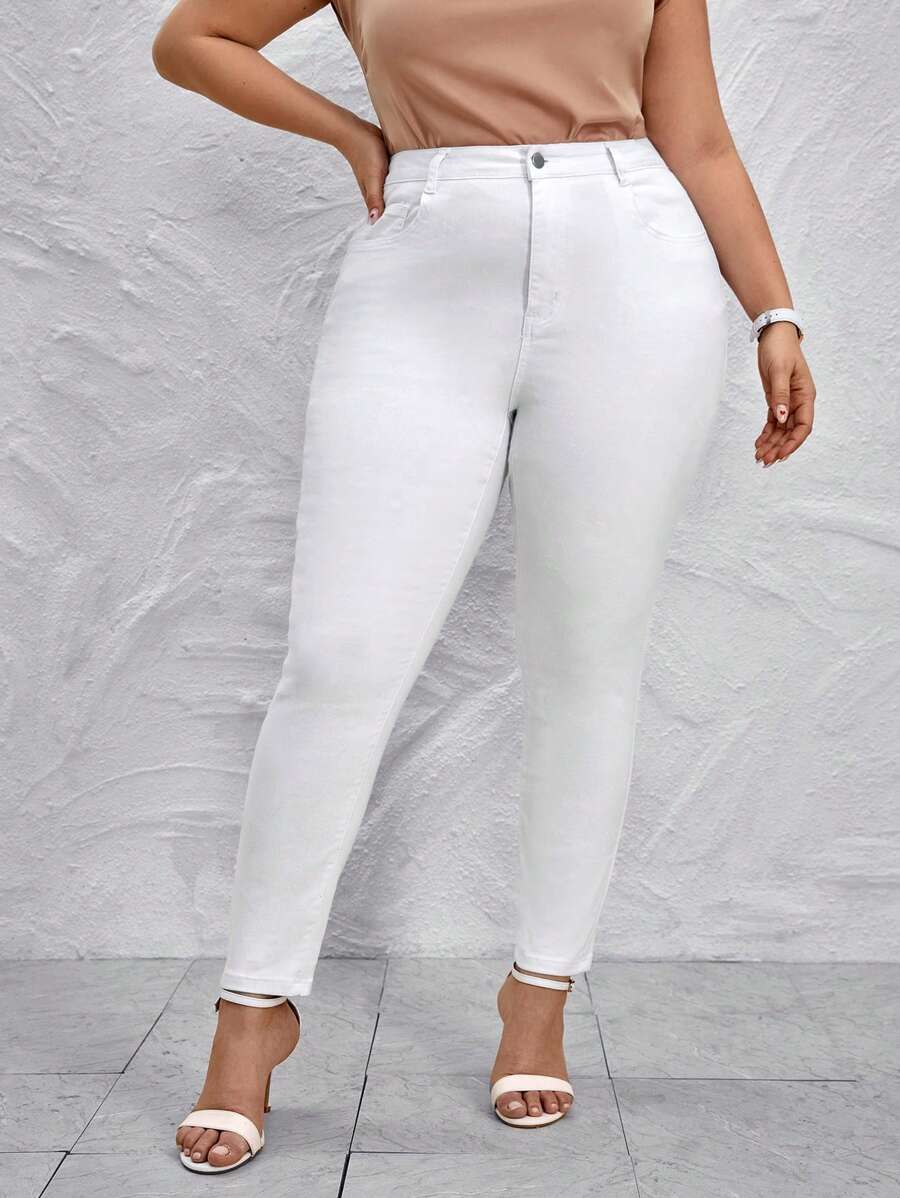 SHEIN Frenchy 大碼高腰緊身牛仔褲 - 白色 - 查看 1