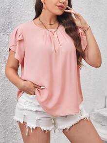 SHEIN LUNE 大碼花瓣袖褶皺細節襯衫 - 粉色 - 查看 7