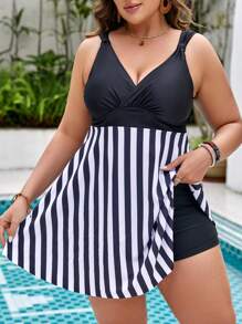 Swim Lushoire Đầm bơi xếp nếp in họa tiết cỡ lớn đi biển mùa hè - Đen và trắng - Xem 1