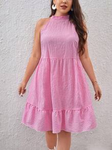 SHEIN Privé Plus Ruffle Hem Halter Neck Dress - Hot Pink - View 1