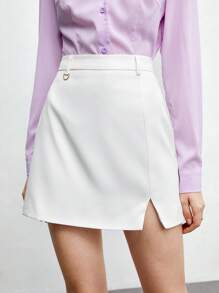 BizChic Split Hem Solid Skirt Workwear - White - View 1