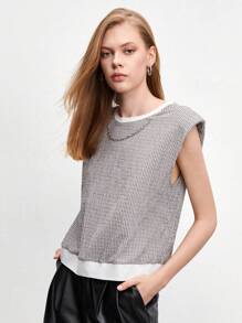 BizChic Shoulder Pad Allover Print Tank Top Workwear - Black and White - View 5