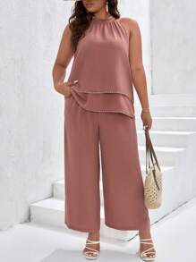 SHEIN Frenchy 大碼素色掛脖上衣和闊腿褲 - 藕粉色 - 查看 1