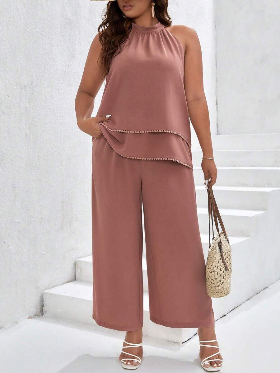 SHEIN Frenchy 大碼素色掛脖上衣和闊腿褲 - 藕粉色 - 查看 1