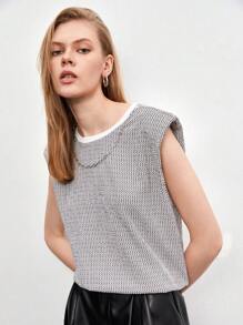 BizChic Shoulder Pad Allover Print Tank Top Workwear - Black and White - View 7