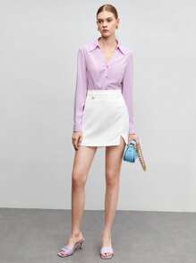 BizChic Chất rắn Nút phía trước Áo sơ mi Trang phục làm việc - Màu Lilac Tím - Xem 6