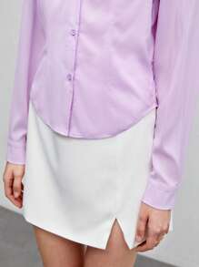 BizChic Chất rắn Nút phía trước Áo sơ mi Trang phục làm việc - Màu Lilac Tím - Xem 8