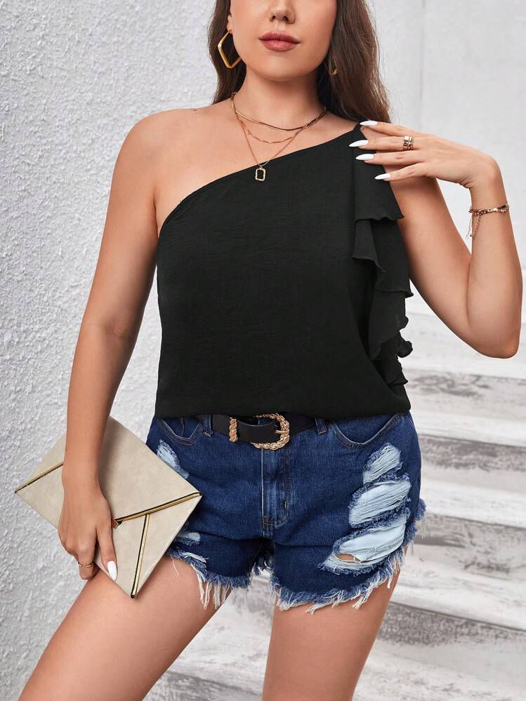 SHEIN Privé Plus One Shoulder Ruffle Trim Solid Blouse - Black - View 6
