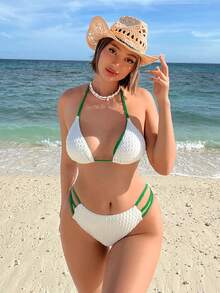 SHEIN Contrast Binding Halter Triangle Bikini Set, For Summer Beach Vacation - White - View 4