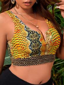 大碼蛇紋針腳細節比基尼泳裝上衣 - 彩色 - 查看 4