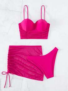 SHEIN Bañador bikini push up fruncido con falda de playa - Rosa Fucsia - Ver 6