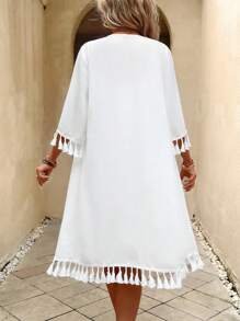 SHEIN VCAY Kimono ribete con fleco con parte delantera abierta sin top de tirantes - Blanco - Ver 2