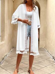 SHEIN VCAY Kimono ribete con fleco con parte delantera abierta sin top de tirantes - Blanco - Ver 3