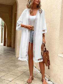 SHEIN VCAY Kimono ribete con fleco con parte delantera abierta sin top de tirantes - Blanco - Ver 7
