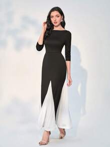 Modelyn Colourblock Boat Neck Dress Without Belt - Black - View 5