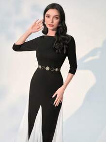 Modelyn Colourblock Boat Neck Dress Without Belt - Black - View 6