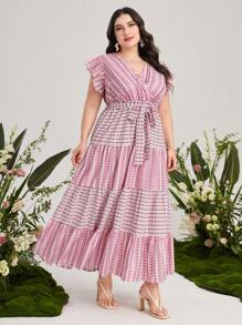 Mulvari 大碼幾何印花荷葉邊繫腰帶連衣裙 - 紫丁香色 - 查看 3