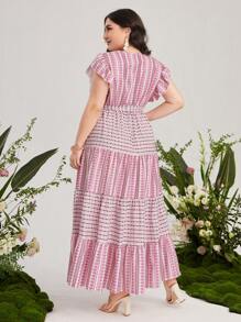 Mulvari 大碼幾何印花荷葉邊繫腰帶連衣裙 - 紫丁香色 - 查看 2