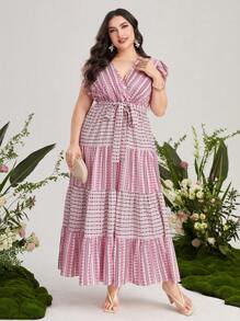 Mulvari 大碼幾何印花荷葉邊繫腰帶連衣裙 - 紫丁香色 - 查看 1