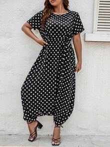 SHEIN LUNE Plus Polka Dot Print Drop Crotch Jumpsuit - Black - View 5
