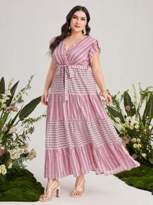 Mulvari 大碼幾何印花荷葉邊繫腰帶連衣裙 - 紫丁香色 - 查看 4