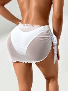 Swim Vcay Summer Beach Lettuce Trim Knot Side Cover Up Skirt - White - View 2