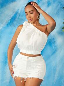 SHEIN SXY 單肩打結細節短款襯衫 - 白色 - 查看 6