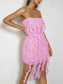 D&M Ruffle Trim Tube Bodycon Dress - Pink - View 5