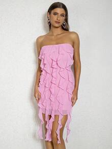 D&M Ruffle Trim Tube Bodycon Dress - Pink - View 8
