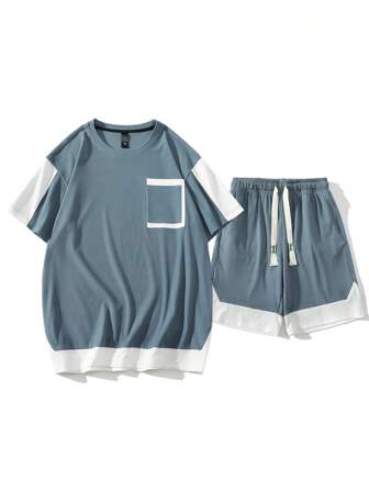 Men Contrast Panel Tee & Drawstring Waist Shorts