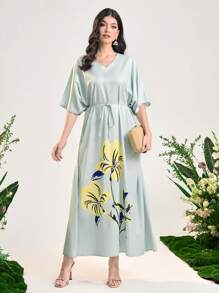 Al Najma Floral Print Batwing Sleeve Belted Dress