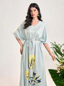 Al Najma Floral Print Batwing Sleeve Belted Dress