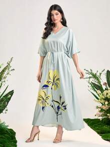 Al Najma Floral Print Batwing Sleeve Belted Dress