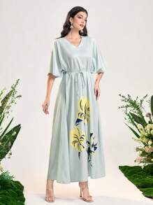 Al Najma Floral Print Batwing Sleeve Belted Dress