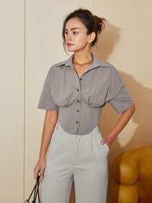 女士夏季休闲纯色短袖短款上衣衬衫，女士春季商务休闲装，度假装 - 灰色 - 查看 5